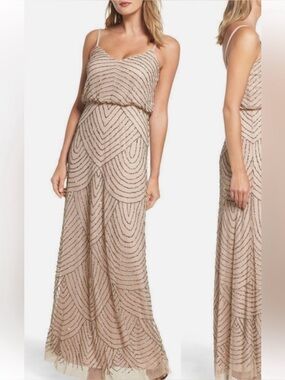 Adrianna Papell Art Deco Beaded Blouson Blush Pink Nude Gown Maxi Dress